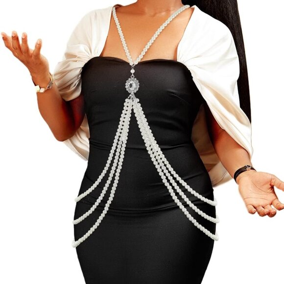 Pearl Body Chain White Layered Pearls Crystal Cross Jewelry for Women - Picture 1 of 6